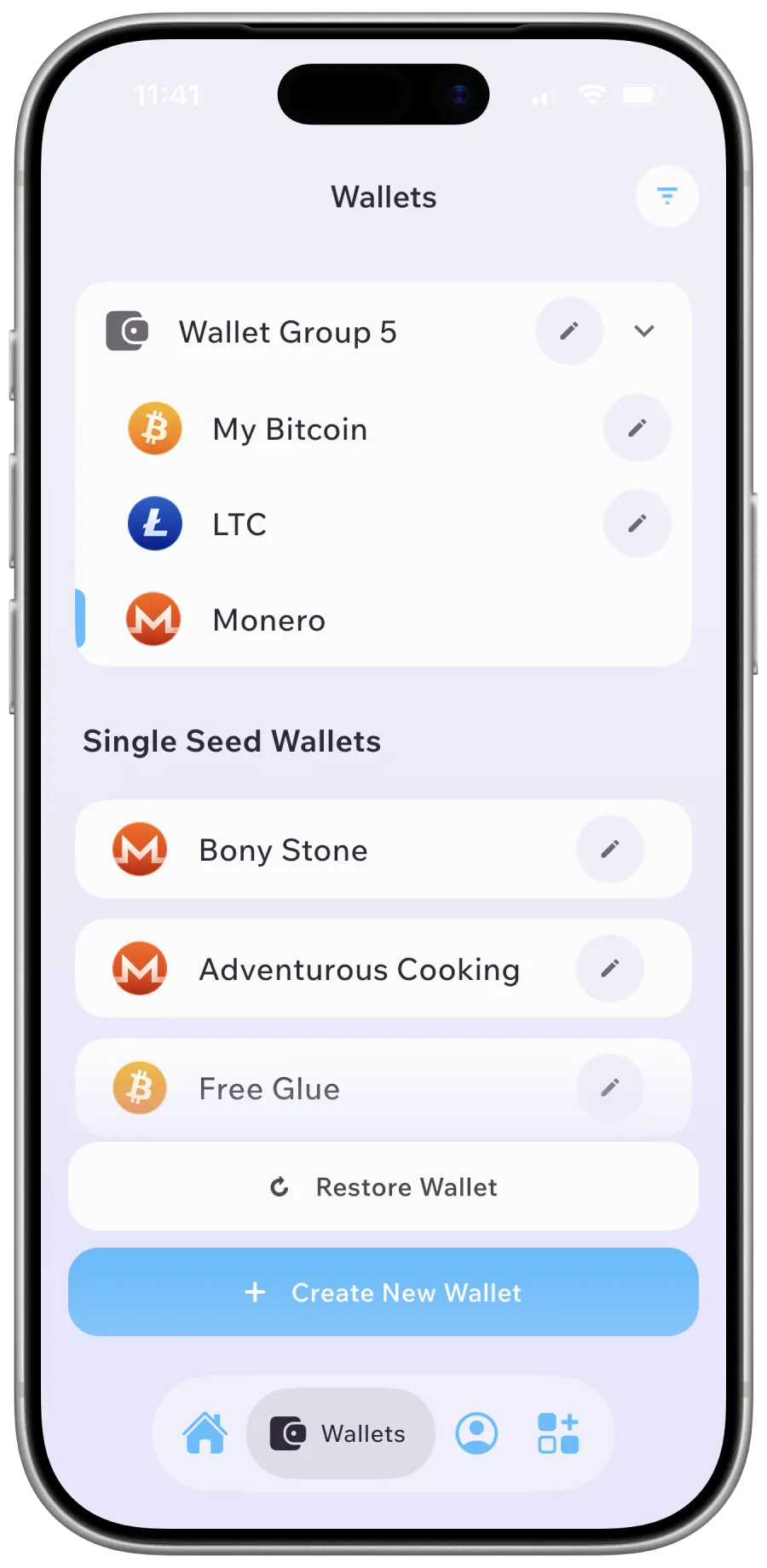 Cake Wallet mobile app wallets screen