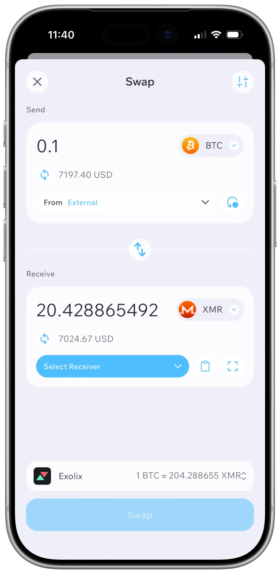 Cake Wallet mobile app swap screen
