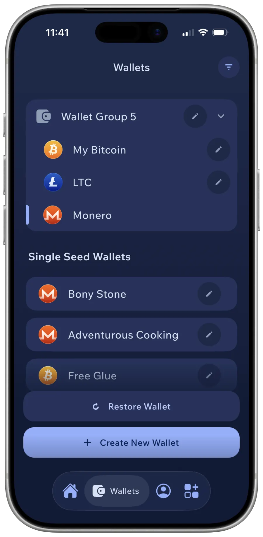 Cake Wallet mobile app wallets screen