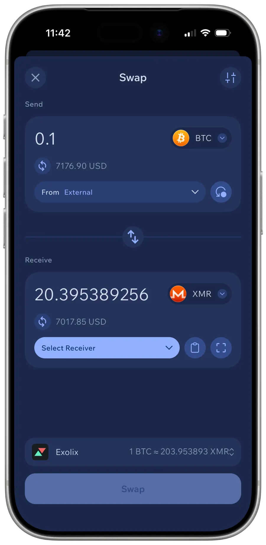Cake Wallet mobile app swap screen